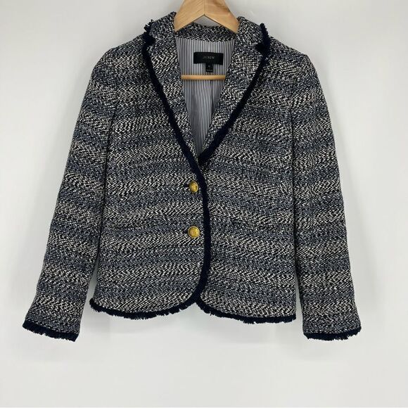 J Crew Lady Jacket Size 0 Womens Navy Fringe Tweed Gold Crest Buttons Blazer - Picture 1 of 13
